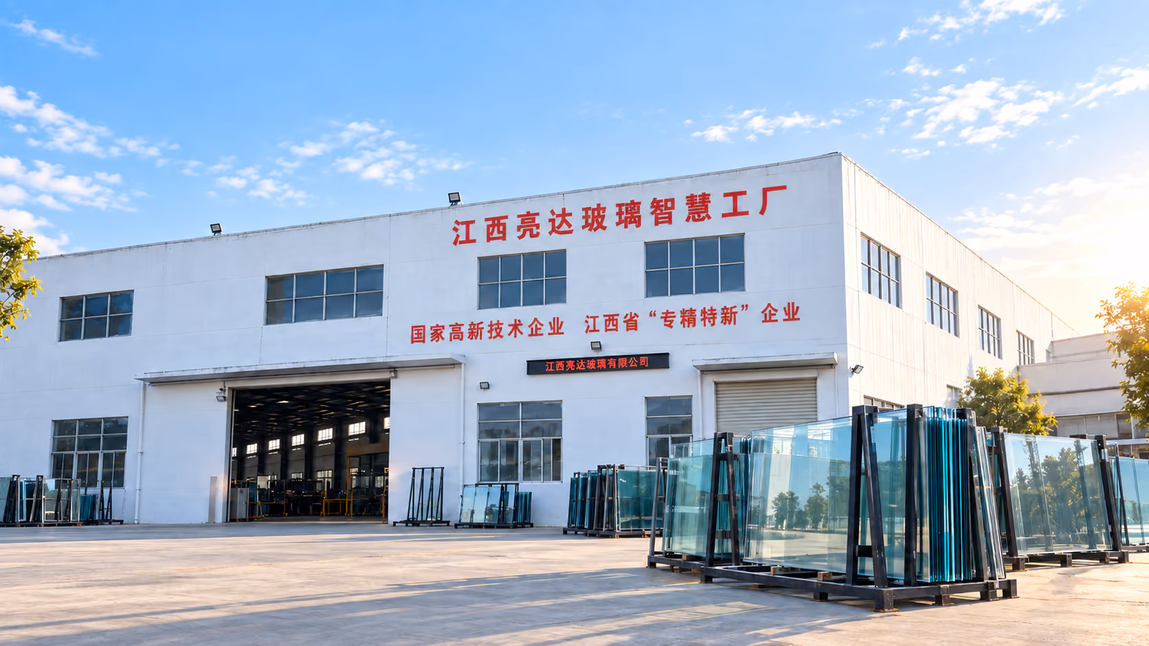 自然日光下的亮达玻璃厂房外观与整齐排列的玻璃架